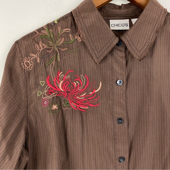 Chico’s size 1 Medium Women’s Brown Floral Embroidered Silk/Cotton Blend Shirt - Picture 2 of 8